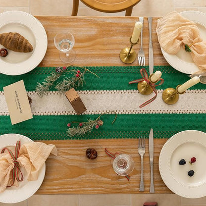 Keketoarrange Christmas Green Boho Table Runner 12x60 Inch | Woven Burlap - Image 3
