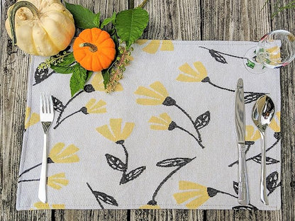 DaDa Bedding Yellow Fleur Floral Botanical Dining Table Placemats - Set of 4-Pieces Tapestry Spring Time Golden Orange Floral Garden Design - Decorative Cotton Linen Woven Kitchen Mats - 13” x 19”