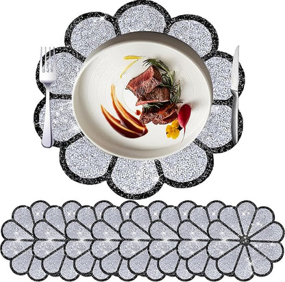 Washable Waterproof Diamond Circle Placemats for Round Tablescape Decor for Dinner and Kitchen Bling Placemats for Weddings & Special Events -8PCS (Silver and Black)