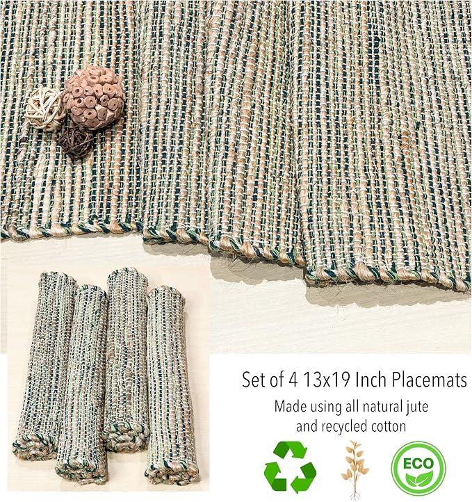 Natural Jute & Green Placemats, 13x19 Inch Dining Table Placemats - Image 8