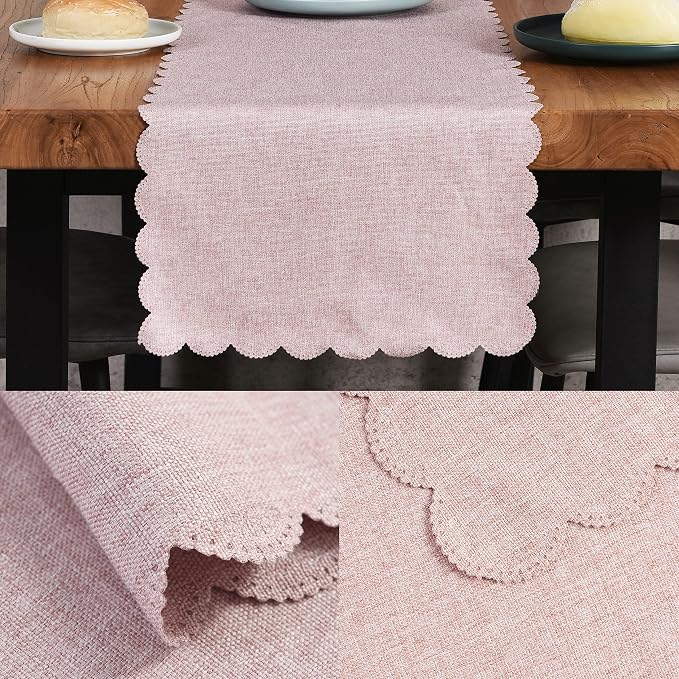 Pink Cotton Table Runner 13 x 90 in Long Farmhouse Scallop Style | Dresser - Image 3