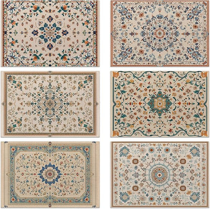 Persian Carpet Spring Summer Green Blue Placemats Set of 6, Linen Washable for Christmas, Thanksgiving, Party, and Daily Dining, Decorative Table Mats for 4-6 Person Table
