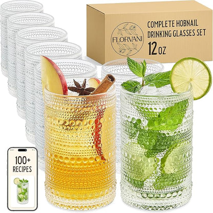 12 Oz Hobnail Drinking Glasses Set of 8 - Clear Multipurpose Glassware Sets, Decorative & Stylish Glasses Drinking Set for Bar, Kitchen, Cocktail Glassware, Garden - Home, Dining, & Kitchen