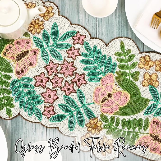 Spring Floral Beaded Table Runner, 13x36 | Glass beads, polyester backing - Image 2