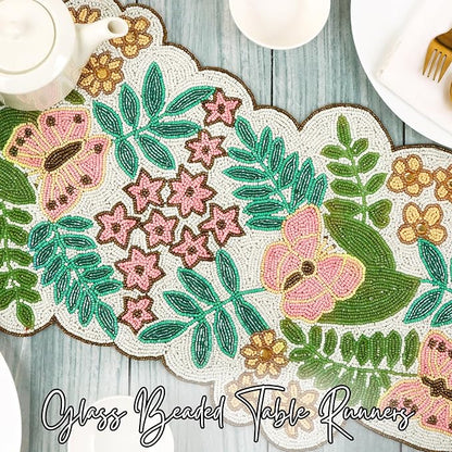 Spring Floral Beaded Table Runner, 13x36 | Glass beads, polyester backing - Image 2