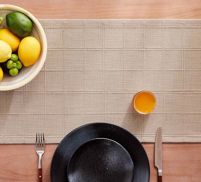 Linen Checked Farmhouse Table Runner, 13x60 Inches Taupe | Raised Grid Design - Image 7