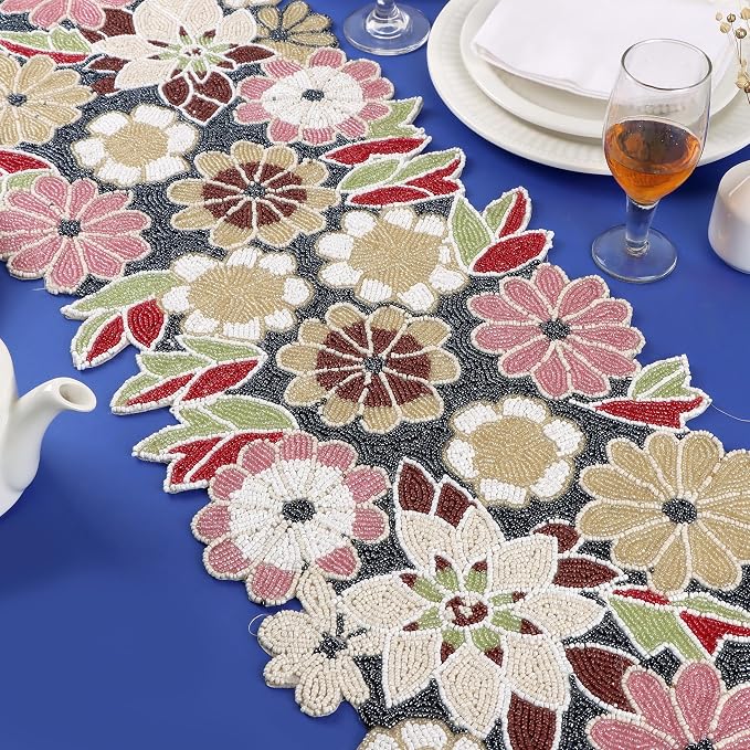 Floral Beaded Table Runner, 13x36 | Handcrafted glass beads, polyester backing - Image 6