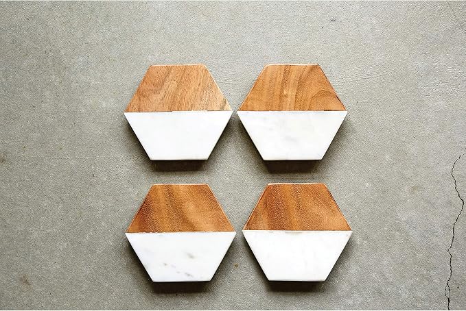 Creative Co-op Marble & Mango Wood Hexagon Coasters - Image 8