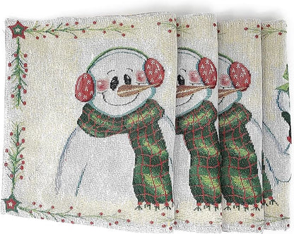 DaDa Bedding Magical Snowman Placemats - Set of 4 Festive Holiday White Tapestry - Cotton Linen Woven Dining Table Mats - 13” x 19” (9733)
