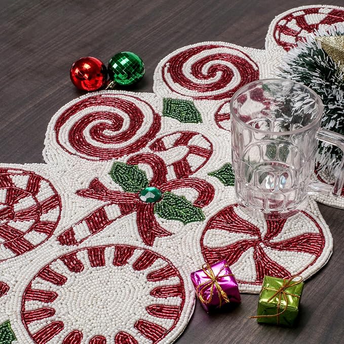 Christmas Beaded Table Runner, 13x36 | Handcrafted, 85% glass beads, polyester - Image 2