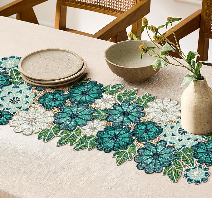 Beaded Table Runner Decore 36 inches Long Christmas Flower Design Beaded Table - Image 2