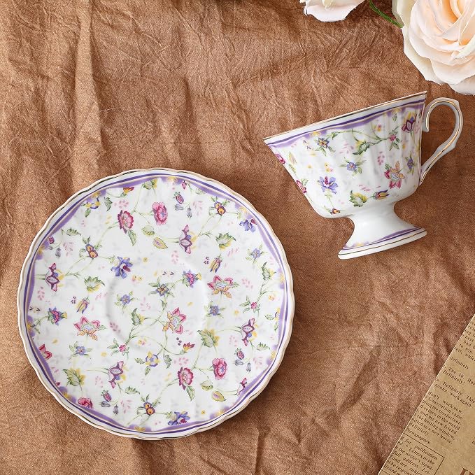 fanquare 5 Ounces Purple Floral Vines Porcelain Tea Cup and Saucer | Country - Image 6