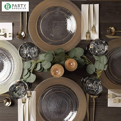 PARTY BARGAINS 13-Inch Charger Plates - 48 Pack, Clear Gold Textured Rim, Heavy-Duty Disposable Chargers for Elegant Dining - Ideal for Weddings and Formal Events