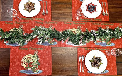DaDalogy Red Merry Christmas Santa Claus Placemats Set of 4 Festive Winter Holiday Tapestry - Cotton Linen Wove Dining Room Table Mats - 13” x 19” (17615)