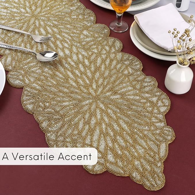 Gold Beaded Table Runner, 13x36 | 85% glass beads, 15% polyester backing - Image 3