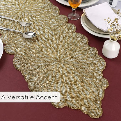 Gold Beaded Table Runner, 13x36 | 85% glass beads, 15% polyester backing - Image 3