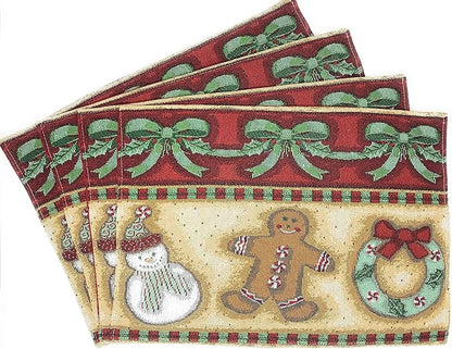 DaDa Bedding Gingerbread Snowman Sweets Placemats - Set of 4 Festive Christmas Wreath Holiday Tapestry - Cotton Linen Woven Dining Table Mats - 13” x 19” (12917)