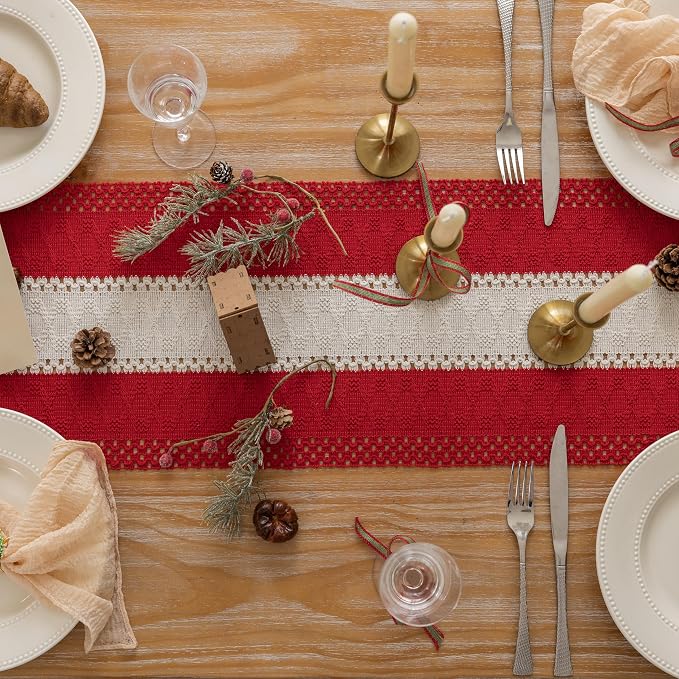 Keketoarrange Christmas Red Boho Table Runner 12x48 Inch | Woven Burlap - Image 3