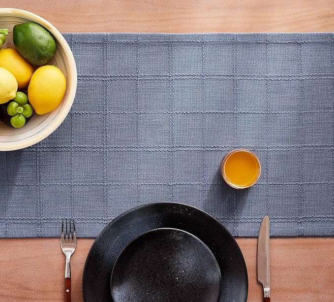 Linen Checked Farmhouse Table Runner, 13x108 Inches Blue | Raised Grid Design - Image 7