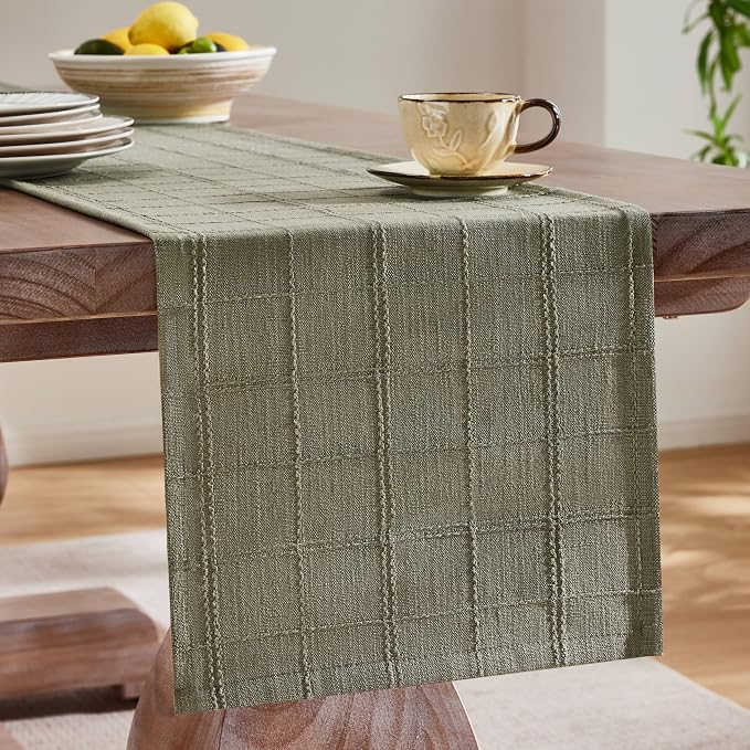 Linen Checked Farmhouse Table Runner, 13x48 Inches Olive | Raised Grid Design - Image 4
