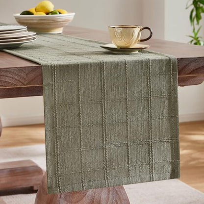 Linen Checked Farmhouse Table Runner, 13x72 Inches Olive | Raised Grid Design - Image 4