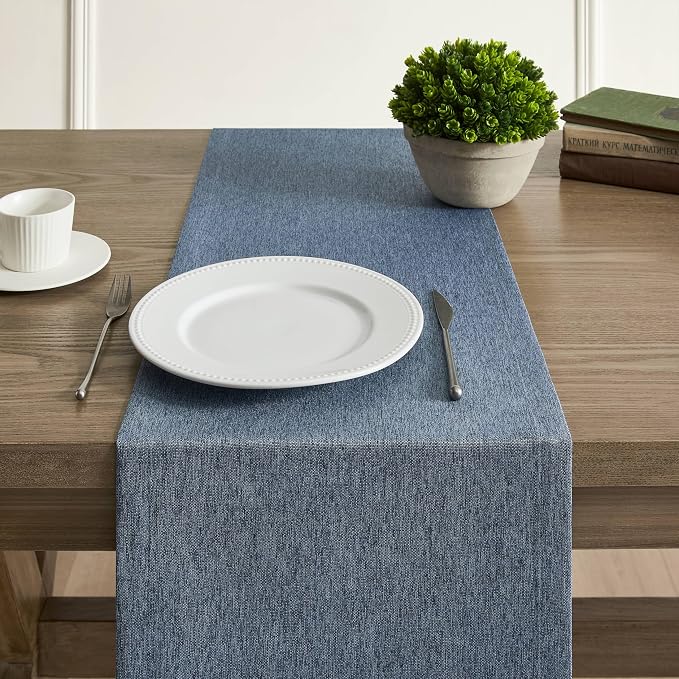Basic Linen Style Table Runner, 14x90 Inch Navy Blue | Mitered Corner Design - Image 5