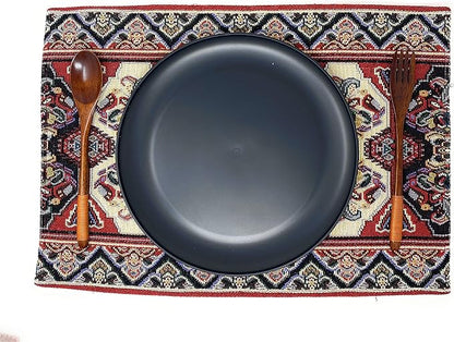 DaDa Bedding Majestic Red Kilim Rug Dining Table Placemats - Set of 4-Pieces Tapestry Cotton Kitchen Mats Royal Persian Tradtional Design - Elegant Intricate Multi-Colorful Floral Ornate - 13” x 19”