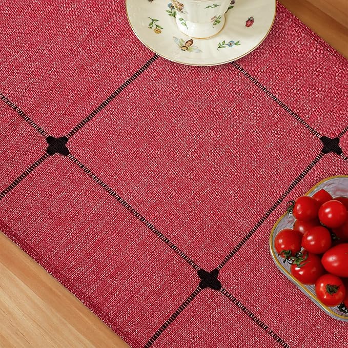 NEWISHER Rustic Embroidered Plaid Cloth Table Runner 48 inches, Farmhouse - Image 6