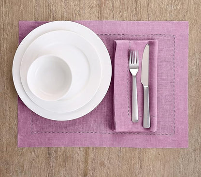 Solino Home Linen Cloth Placemats Set of 4-100% Pure Linen Hemstitch Violet Placemats 14 x 19 Inch - Classic Hemstitch Table Place Mats for Valentines, Spring, Easter