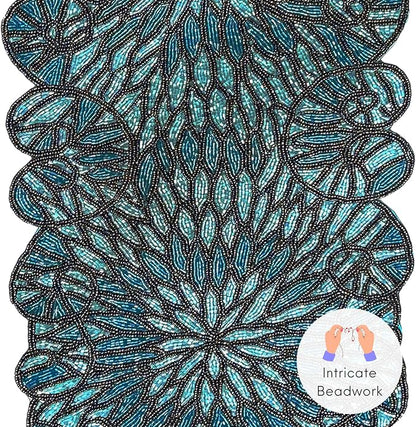 Beaded Table Runner, Floral Art Deco, 13x36 in, polyester backing, sapphire blue - Image 6