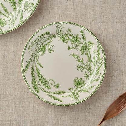 Bico Green Garden Toile De Jouy Salad Plates Set of 4, 8.75 Inch Ceramic Dessert Plates for Salad, Appetizer, Side Dishes, Microwave and Dishwasher Safe, Gift for Housewarming and Thanksgiving