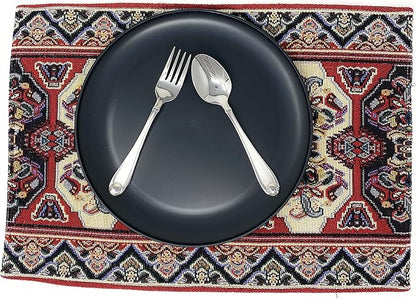 DaDa Bedding Majestic Red Kilim Rug Dining Table Placemats - Set of 4-Pieces Tapestry Cotton Kitchen Mats Royal Persian Tradtional Design - Elegant Intricate Multi-Colorful Floral Ornate - 13” x 19”