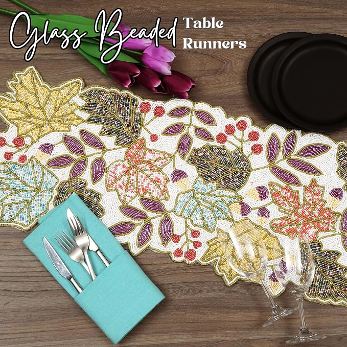 Hand Beaded Table Runner 13x36 in, Farmhouse | Premium beads on fabric base - Image 9