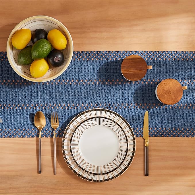 Macrame Style Boho Table Runner, 12x90 Inch Dusty Blue | Woven Boho Table Runner - Image 4