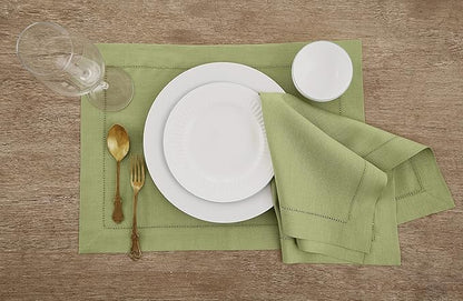 Solino Home Linen Placemats Set of 4 - Classic Hemstitch Moss Green Placemats 14 x 19 Inch - 100% Pure Linen Table Mats for Winter, Spring, Easter, St Patricks Day