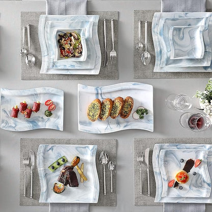 MALACASA Plates and Bowls Sets, 26 Piece Blue Dinnerware Sets for 6, Porcelain Dinner Set with Set, Dishes, Cereal Serving Platters, Kitchen Plate Bowl Series FLORA, 26 Piece(Service for 6)
