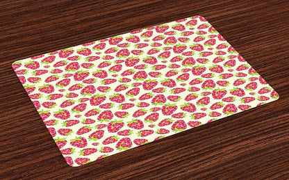 Ambesonne Strawberry Place Mats Set of 4, Tropical Summer Fruit Pattern Strawberry with Traditional Paisley Motifs, Washable Fabric Placemats for Dining Table, Standard Size, Dark Pink
