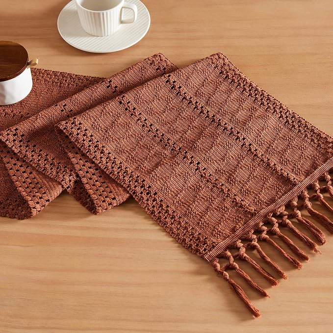 Macrame Style Boho Table Runner, 12x48 Inch Terracotta | Woven Boho Table Runner by ZEEMARTONLINE