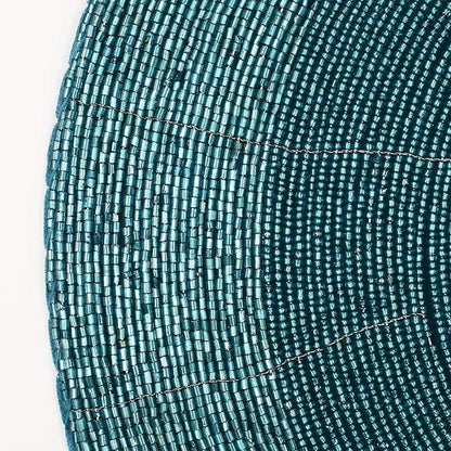 Lightnpro Beaded Placemats Set of 4 - Round Handmade Farmhouse Table Chargers - Decorative Glitz Placemats for Dining Table, Holiday Parties, Wedding, Kitchen & Event Décor - 13 Inch Teal