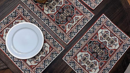 DaDa Bedding Majestic Red Kilim Rug Dining Table Placemats - Set of 4-Pieces Tapestry Cotton Kitchen Mats Royal Persian Tradtional Design - Elegant Intricate Multi-Colorful Floral Ornate - 13” x 19”