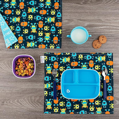 Funkins Reusable Cloth Placemats for Kids & Lunch Boxes | Reusable, Eco-Friendly | 15"x13", 2-ply, Thick, Absorbent, Machine Washable | Set of 2 Placemats (Monsters)