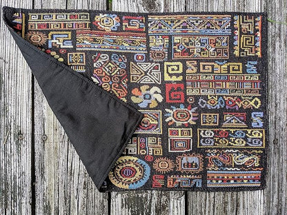 DaDa Bedding Bohemian Ethnic Ornaments Tapestry Placemats - Set of 4-Pieces Greek Ethnic Calligraphy Geometric Colorful Dark Black Design - Decorative Cotton Woven Kitchen Dining Mats - 13” x 19”