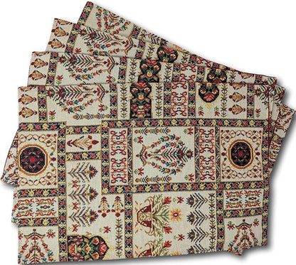 DaDa Bedding Elegant Floral Tapestry Placemats - Set of 4, Mughal-Inspired Woven Cotton Linen Dining Mats, Multi-Colored Vintage Garden Design - 13” x 19
