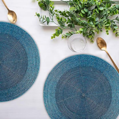 Lightnpro Glitz Beaded Charger Placemat - Turquoise Blue Placemat Set of 4, Handmade Round Table Mats - Christmas Xmas Dining Harvest Fall Holiday Celebration Festive Party Table Décor - 13 inch