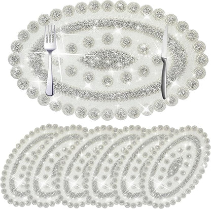 Sparkling Silver Diamond Placemats Bling Oval Place Mat Heat Elegant Table Decor for Weddings, Holidays, and Special Events (15x9 Inch)-6 PCS