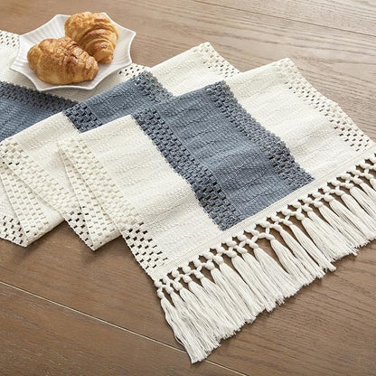 Macrame Style Bicolor Stitching Table Runner 14x36in Navy | Woven Boho Table - Image 7