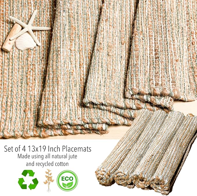 Natural Jute Sage Green-White Placemats, 13x19 | Rustic Handmade Boho Table Mats - Image 4