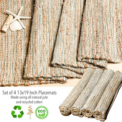 Natural Jute Sage Green-White Placemats, 13x19 | Rustic Handmade Boho Table Mats - Image 4
