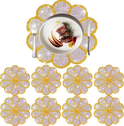 Washable Waterproof Diamond Circle Placemats for Round Tablescape Decor for Dinner and Kitchen Bling Placemats for Weddings & Special Events-8 PCS (Yellow)