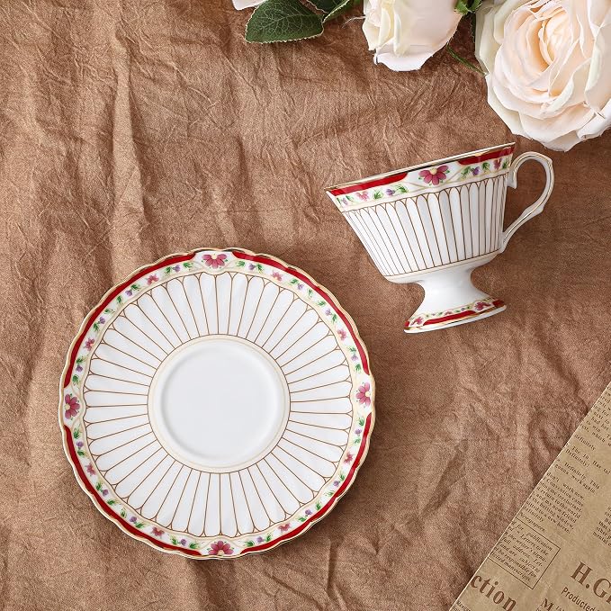 fanquare Nordic Style Tea Cup and Saucer, Classic Stripes Floral Teacup - Image 6
